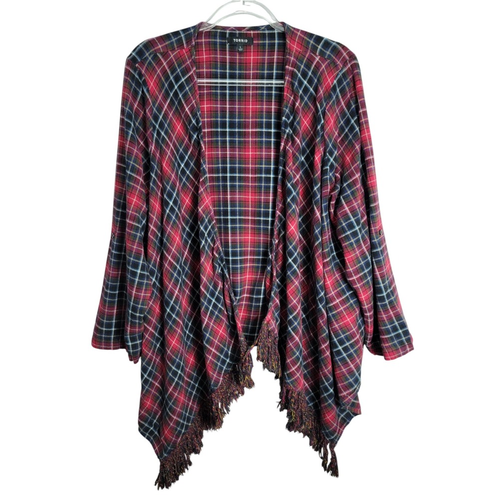 Torrid Womens 1X Cardigan Red Plaid Fringe Roll Tab Open Front 15620103